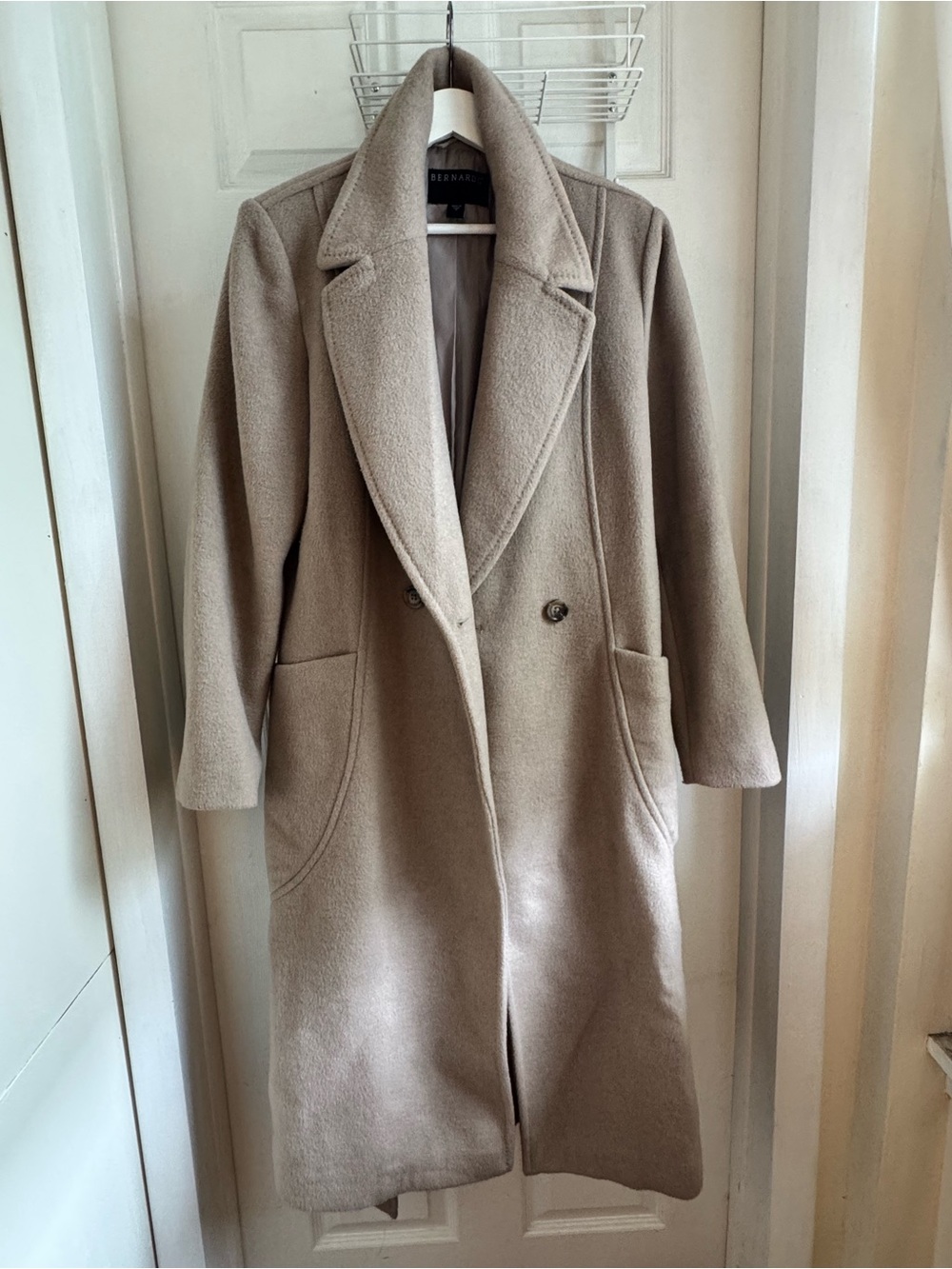 Bernardo Taupe Long Double-Breasted Wool-Blend Coat